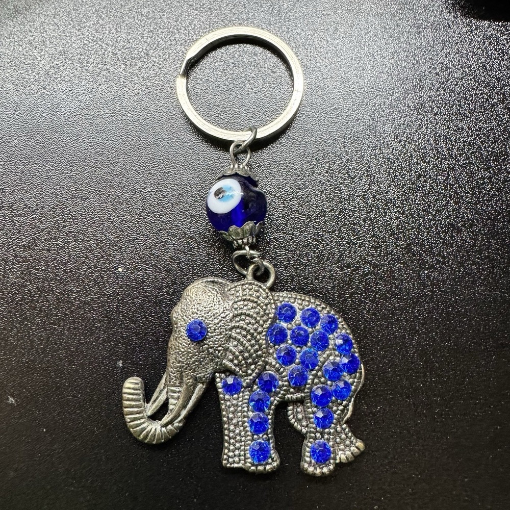 Elephant Keychain Blue Rhinestone Evil Eye Charm Silver Tone Good Luck